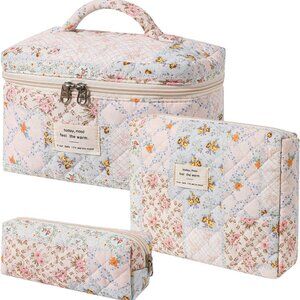 3Pcs Quilted Cotton Makeup Bag Toiletry Bag Cosmetic Bags for Women and Girls pi